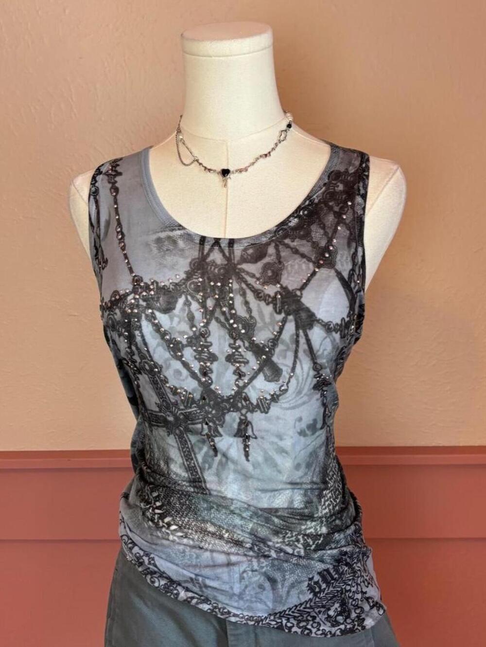 Y2K grunge goth tank top black grey cross chain scene emo